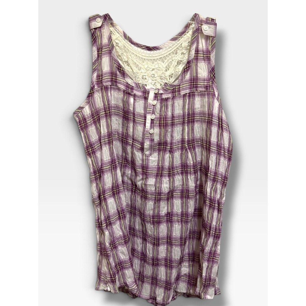Mudd Purple Plaid Crochet Back Sleeveless Boho Tank Top Large NWT Y2K